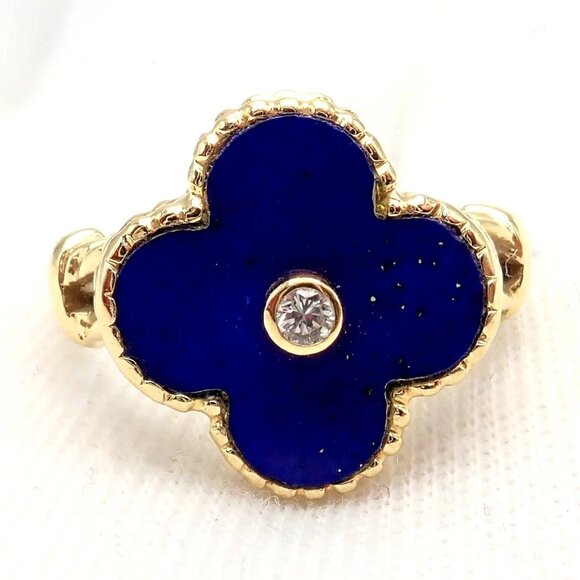 Van Cleef & Arpels Alhambra 18k Yellow Gold Lapis Lazuli Diamond Ring Sz 4 - Picture 9 of 14